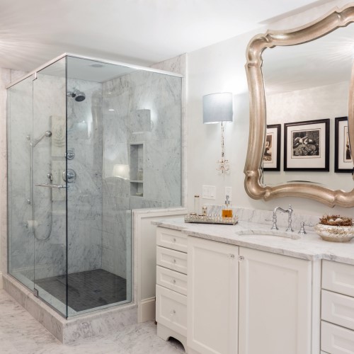 bathroom sink mirror and glass shower in Wellfleet MA