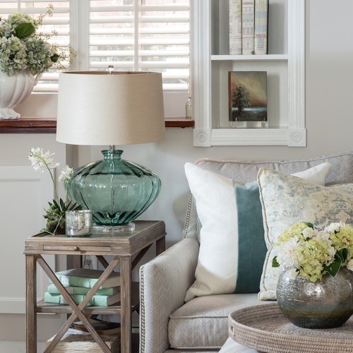 blue and white themed couch end table and lamp in Osterville MA